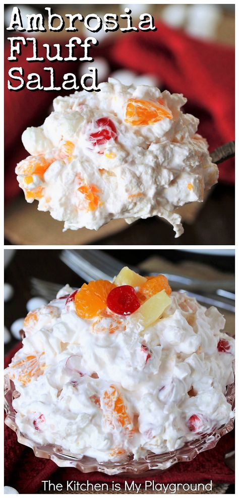 Classic Ambrosia Salad Recipe | The Kitchen is My Playground Ambrosia Salad Recipe, Fruit Salad Decoration, The Kitchen Is My Playground, Cranberry Fluff, Ambrosia Recipe, Ambrosia Fruit Salad, Does It Really Matter, Creamy Fruit Salads, Fluff Salad