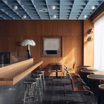 Bar architecture and interior design | Dezeen 70s Bar, Glass Blocks Wall, Restaurant Interiors, London Interior, Bar And Restaurant, Japanese Restaurant, Coffered Ceiling, Interior Photography, Japanese House