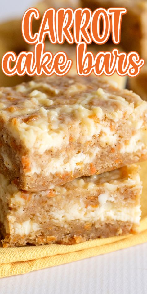 Carrot Cake Bars - These carrot cake bars are so moist and delicious! They have a sprinkle of cinnamon and a cheesecake swirl in them. They're the perfect Easter dessert bars. #easterrecipes #easter #bars #desserts #dessertfoodrecipes #dessertrecipes #desserttable #dessertideas #cookiedoughandovenmitt Easter Dessert Bars, Carrot Cake Bars Recipe, Easter Bars, Cake Bars Recipe, Carrot Cake Bars, Dessert Bar Recipe, Slow Cooker Desserts, Cake Bars, Cookie Bar Recipes