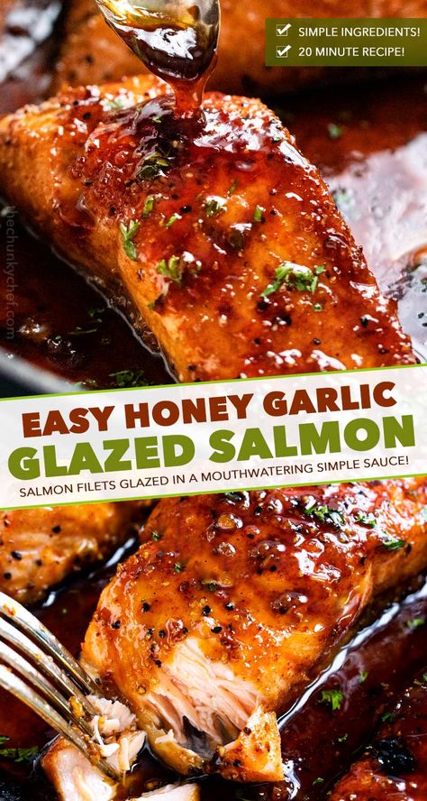 HONEY GARLIC SALMON - Succulent and tender salmon filets cooked in a mouthwatering simple honey garlic sauce, then broiled until sticky and caramelized.  Made with simple ingredients, in one pan, and in just 20 minutes! #salmon #honeygarlic #onepan #easyrecipe #dinner #seafood #fish Honey Salmon Recipes, Dinner Seafood, Salmon Filets, Salmon Glaze Recipes, Salmon Recipes Baked Healthy, Chunky Chef, Resep Seafood, Honey Garlic Salmon, Garlic Salmon