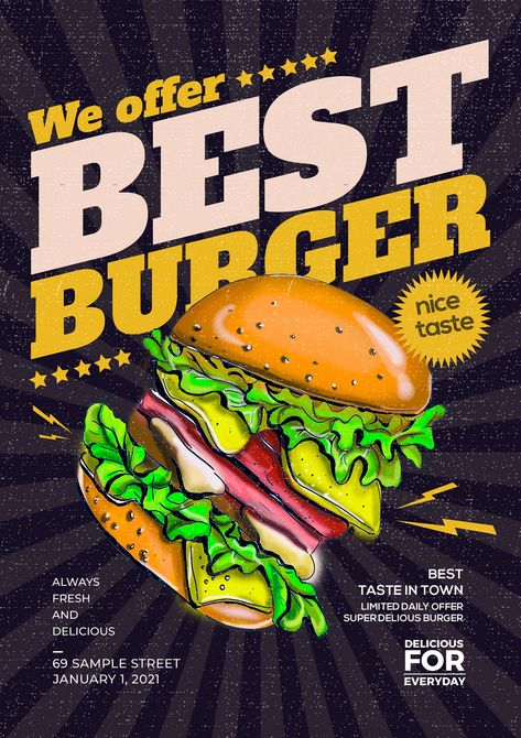 Simple retro burger fast food promotion poster#pikbest#templates Retro Food Ads, Advertisment Poster Products, Fast Food Advertising Poster, Promotion Food Design, Burger Design Poster, Burger Poster Ideas, Product Design Poster Layout, Burger Poster Design Graphics, Food Advertisement Poster Products