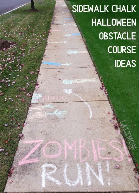 Spooky Obstacle Course, Halloween Sidewalk Chalk Obstacle Course, Fun Halloween Party Games Outside, School Wide Halloween Activities, Halloween Decoration School, Halloween Activities Outdoors, Neighborhood Halloween Parade Ideas, Sidewalk Chalk Halloween Ideas, Block Party Halloween Ideas