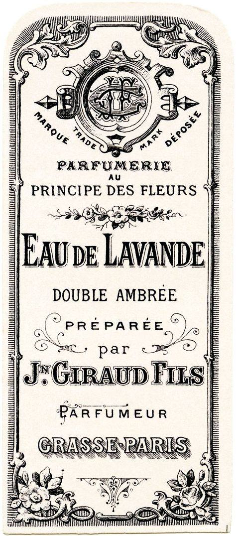 French perfume label, Jn Giraud Fils, vintage French ephemera, eau de lavande, lavender water perfume label, free vintage label graphic Vintage French Ephemera, French Perfume Labels, French Typography, Perfume Label, Paris 1900, Etiquette Vintage, French Ephemera, Foto Transfer, Postal Vintage