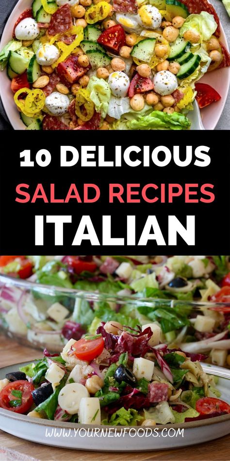 Your New Foods, 10 Delicious Italian salad recipes to choose from. The perfect partners to many meals. Which of these salads will be your favorite food? Salad That Goes With Spaghetti, Best Salad To Go With Spaghetti, Italian Diet Plan Healthy Recipes, Salads That Go With Italian Food, Salad To Go With Lasagna Dinners, Healthy Italian Salad Recipes, Salads For Pasta Dinner, Salads For Spaghetti Dinner, Salad Recipes With Pizza