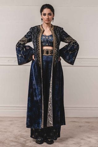 Velvet Jacket & Pant Set Dori Embroidery, Indigo Prints, Satin Trousers, Tarun Tahiliani, Pants Fit, Satin Pants, Indian Fashion Designers, Velvet Jacket, Satin Silk