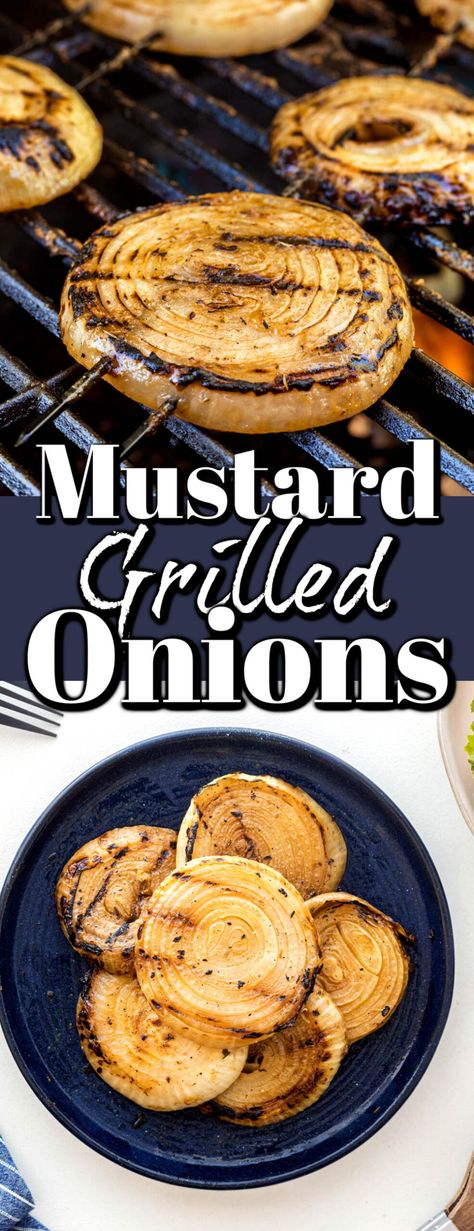 Mustard Grilled Onions are tangy and sweet, making them the perfect side dish or garnish for burgers or steaks. Bbq Onions In Foil, Grilled Onions On Grill, Grilled Onion Recipes, How To Grill, Grilled Onions For Steak, Bbq Onions, Salmon Burger Toppings, Mustard Onions, Vege Meals