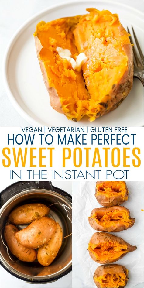 Easy Vegan Instant Pot Sweet Potatoes- how to cook the perfect creamy sweet potatoes in half of the time it takes to bake or roast them. Follow this simple guide to get consistent instant pot sweet potatoes every time - plus recipes on how to use them! #sweetpotatorecipes #instantpotrecipes #vegetarianfoodhealthy Sweet Potatoes In The Instant Pot, Instant Pot Recipes Sweet Potatoes, Instant Pot Baked Sweet Potatoes, Instapot Sweet Potatoes, Instapot Vegan Recipes, Sweet Potato Instant Pot, Sweet Potatoes Instant Pot, Instant Pot Sweet Potatoes, Vegan Instant Pot