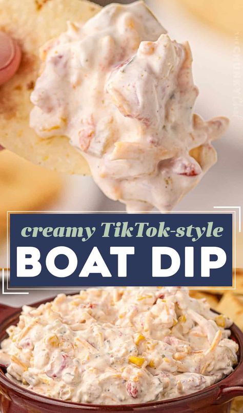 This creamy party-ready boat dip is a fun twist on the TikTok classic. You'll only need a handful of ingredients and no fancy tools, and you'll have a cool, creamy, and ultra-flavorful ranch dip that is perfect for any party, or for taking to the pool, lake, or beach! Poolside Ranch Dip, Dips To Eat With Wheat Thins, Boat Dip With Corn, Boat Day Dips, Easy Chip Dip Recipes Cream Cheese, Dips To Make For The Beach, Quick Tailgate Food, Cheap Dips Easy, Easy Hot Dips Appetizers