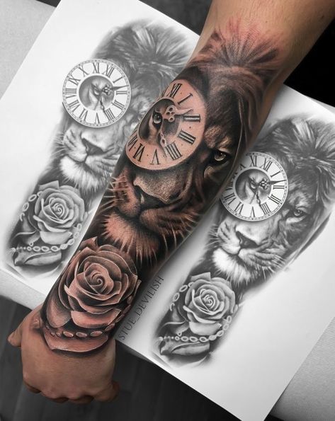 Lion Rose Tattoo, Tato Jam, Lion And Rose Tattoo, Tato Lengan Bawah, Clock And Rose Tattoo, Rosen Tattoo Frau, Lion Forearm Tattoos, Tato Dengan Makna, Tattoo Lion