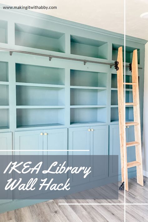 Diy Build In Bookshelves, Ikea Bookshelf Tv Wall, Built In Bookshelves Diy Billy Bookcases, How To Make Ikea Bookcases Look Built In, Walk To Wall Bookshelf, Bookcase Built In Diy, Diy Built In Library Wall, Bookshelf Office Design, Bookshelves In Basement