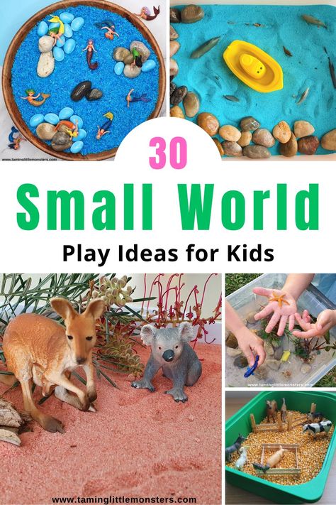 30 Fun Small World Play Ideas for Kids - Taming Little Monsters Small World Tray Ideas, Sensory Small World Play, Small World Set Up Ideas, Fall Small World Play, Ocean Small World Play, Pure Imagination Aesthetic, Small World Ideas, Small World Eyfs, Eyfs Small World