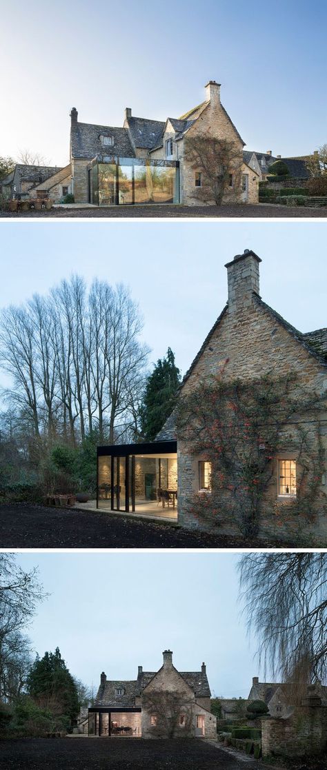 14 Examples Of British Houses With Contemporary Extensions // A traditional stone house got a contemporary extension built from glass windows and black steel that created a modern dining area still connected to the rest of the stone home. Architecture Extension, British Houses, British Homes, Glass Extension, British Home, Modern Extension, Trendy Jewerly, Old Stone, Stone Houses