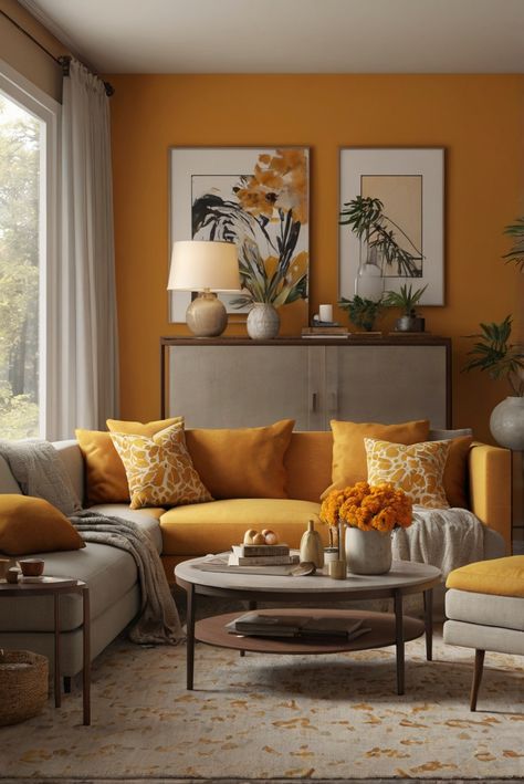 Welcome to the 2024 Edition of Soft Marigold (BM 2158-60) - Marigold Serenity! Step into a daily routine of interior design bliss with stunning décor ideas. #Ad #homedecor #homedesign #wallpaints2024 #Painthome #interiorarchitecture Wall Colors Green Living Room Colors Bright Living Room Colors Apartment Renovation Living room Remodeling Modern Paint Colors 2024 Living Room Inspiration Yellow, Brown Couch Living Room Ideas Colorful, Mustard Wall Living Room, Bright Colors For Living Room, Mustard Yellow Living Room Ideas, Golden Yellow Living Room, Mustard Color Living Room Ideas, Mustard Paint Color Walls, Mustard Living Room Ideas