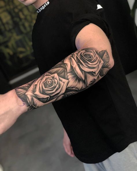 Half Sleeve Rose Tattoo, Portrait Tattoo Sleeve, Rose Tattoo Forearm, Rose Tattoo Sleeve, Rose Sleeve, Rose Tattoos For Men, Cross Tattoo For Men, Men Tattoos Arm Sleeve, Forarm Tattoos