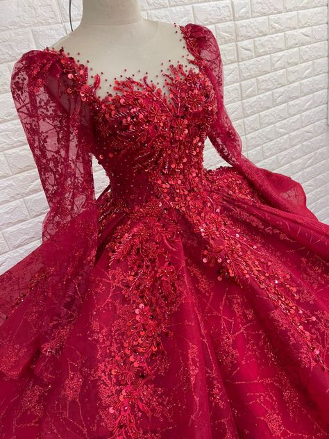 Red Ball Gown With Sleeves, Red Long Sleeve Ball Gown, Red Ballroom Dress Ball Gowns, Long Sleeve Red Quince Dress, Red And Gold Wuince Dress, Red Wedding Dress Ball Gown, Long Sleeve Red Quinceanera Dress, Red Prom Ball Gown Dress, Red And Gold Quinceanera Dresses Long Sleeve