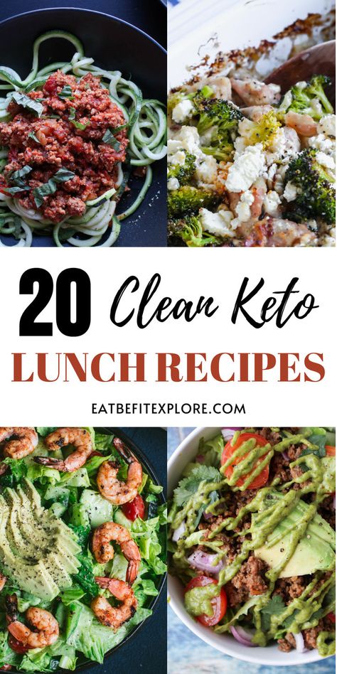 Graphic with 4 images of dishes and the title "20 Clean Keto Lunch Recipes" Keto Lunch Recipes Meal Prep, Lunch Meat Keto Ideas, Keto Diet For Beginners Easy, Keto Meal Prep Ideas For The Week, Easy Lunch Ideas Keto, Nondairy Keto Meals, Easy Clean Keto Meal Plan, Clean Eating Easy Lunch, Weekend Keto Meals