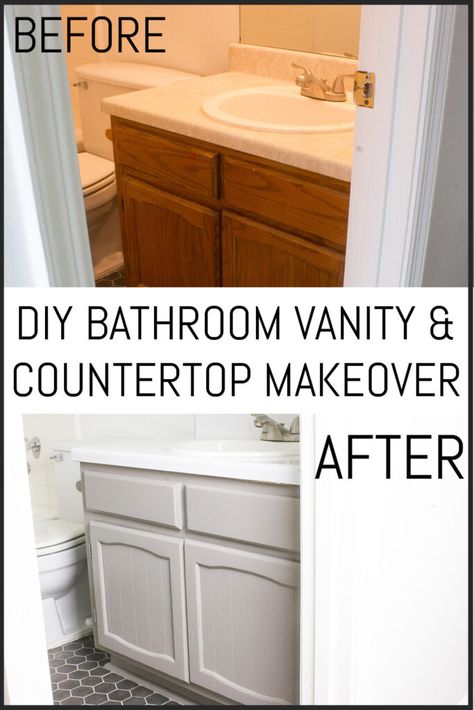 Check out this DIY bathroom vanity and countertop makeover on a budget! Upcycling, Diy Bathroom Vanity Makeover, Painted Vanity Bathroom, Diy Bathroom Renovation, Countertop Makeover, Cheap Bathroom Remodel, Vanity Makeover, Bathroom Vanity Makeover, Diy Bathroom Makeover