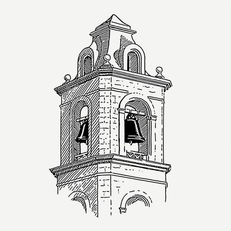 Croquis, Bell Tower Tattoo, Bell Tower Aesthetic, Bell Tower Drawing, Old Architecture Drawing, Tower Tattoo Design, Towers Drawing, Bell Drawing, Windmill Tattoo