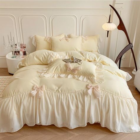 PRICES MAY VARY. Package including :1*Full of duvet cover: 200 x 229cm/80" x 90",2*queen of pillowcase: 51 x 66cm/20" x 26".NO including Comforter. Material:100% Soft Brushed Microfiber,the raw material handled by special process.Breathable, Comfortable, skin-friendly! Design:Beautiful ruffle style duvet cover that will add an elegant, chic and modern look to your room. Bowknot design on the edge of duvet cover and pillowcases, charming appeal to your bedroom décor. Ties&Zip:The shabby chic duve Bow Quilt, Shabby Chic Bedding Sets, French Princess, Ruffle Duvet Cover, Ruffle Duvet, Style Bedding, Lace Bedding, Satin Bedding, Shabby Chic Bedding