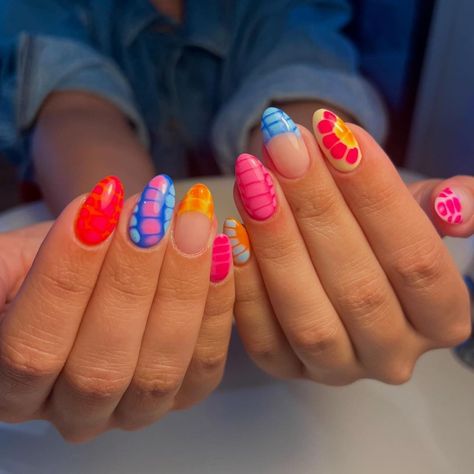 londyn candland | 100 degrees outside calls for bright summer nails🌞👙⛱️ Please tag original artist! We found them on TikTok🩷 | Instagram Summer Nails Different Designs, Original Nail Ideas, Nails All Different Designs, Summer Mismatched Nails, Blue Pink Yellow Nails, Nail Inspo With Design, Nails Ideas With Designs, Cute Nail Gel Ideas, Summer Gel X Nail Designs