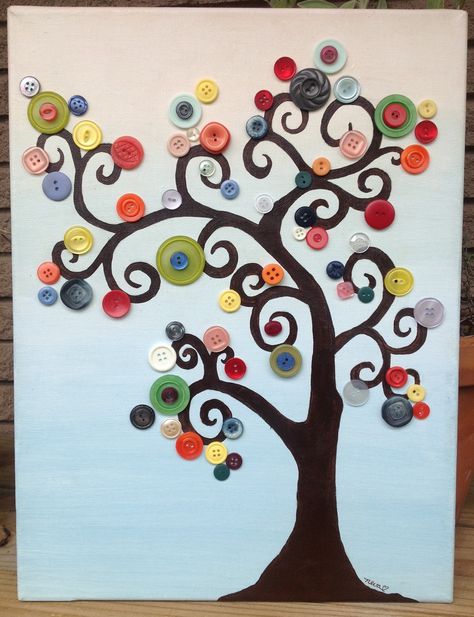 Button Collage Ideas, Tree Of Life Button Art, Button Art Tree, Button Tree Canvas, Tree Button Art, Button Tree Art, Button Art On Canvas, Family Christmas Presents, Button Art Projects