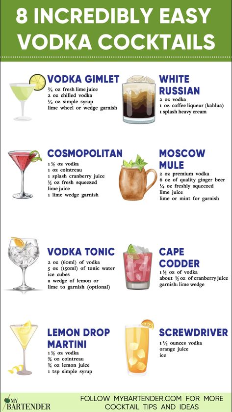 Easy Vodka Cocktails Classic Vodka Drinks, Best Mix Drinks Alcohol, Simple Drinks With Vodka, Simple Cocktails Vodka, Drink With Vodka Recipes, Easy Cocktail Recipes With Vodka, Drinks Ideas Party, Popular Vodka Cocktails, Easy Cocktails With Vodka