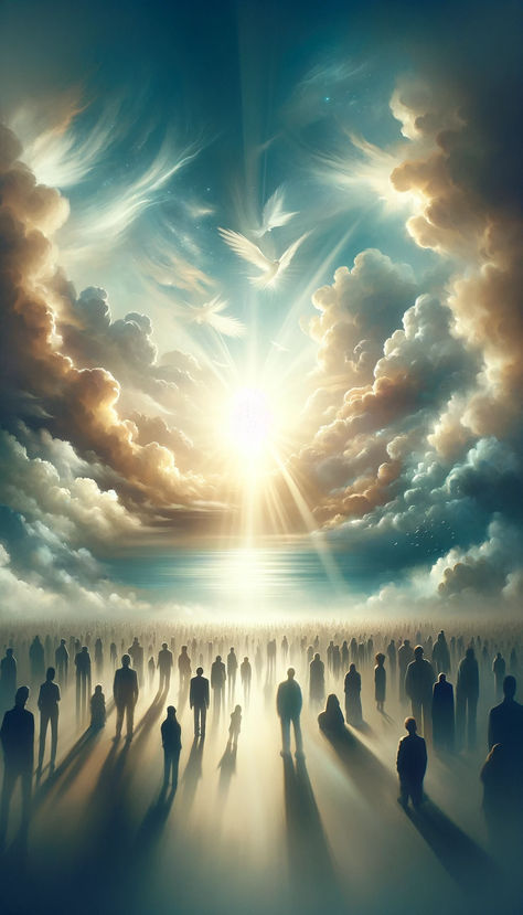 mage showing a serene sky with radiant light and diverse silhouettes looking upwards, symbolizing hope and the mystery of the Rapture, linked to an insightful article on JackRighteous.com. God In Heaven Pictures, The Rapture Art, Rapture Aesthetic, Believe Images, Rapture Art, New Heaven And New Earth, Rapture Quotes, Verses About Beauty, People Helping Each Other