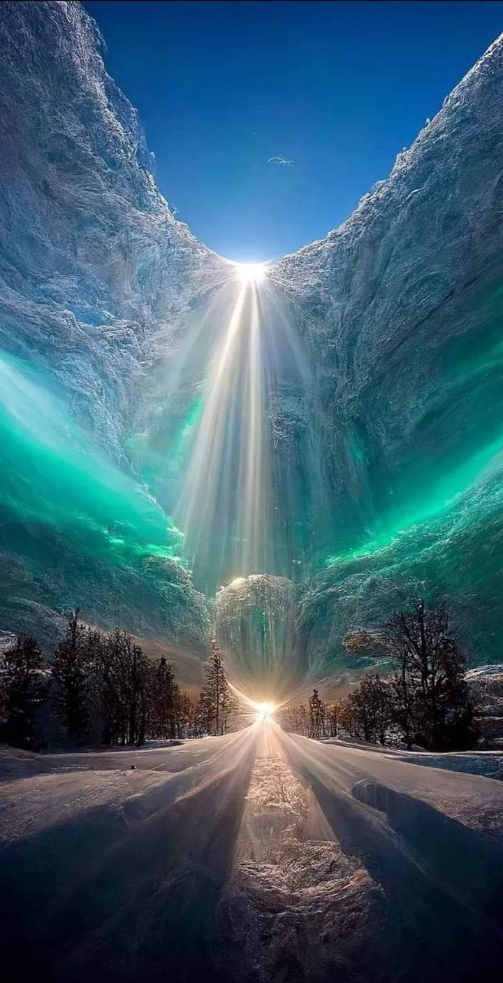 the sun is shining through an ice cave