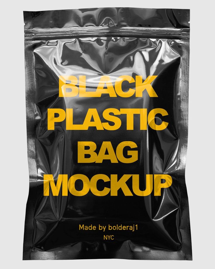 black plastic bag mockup with yellow lettering on the front and back side, against a white background