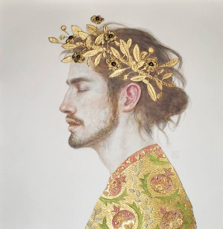 a painting of a man with a crown on his head and gold leaves in his hair