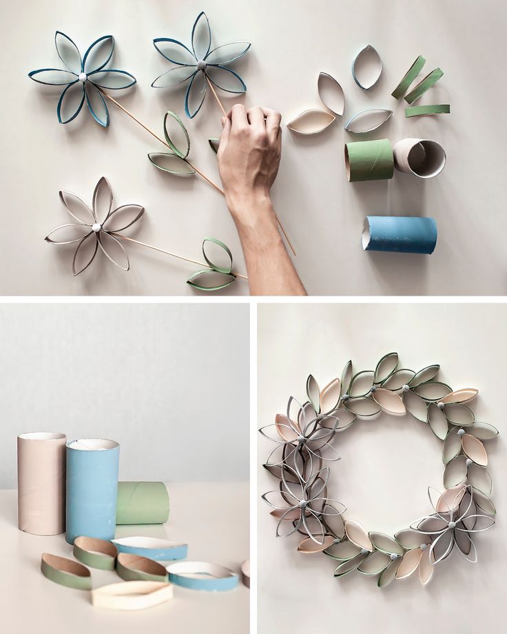 three different pictures of various items made out of toilet paper and rolled up with scissors