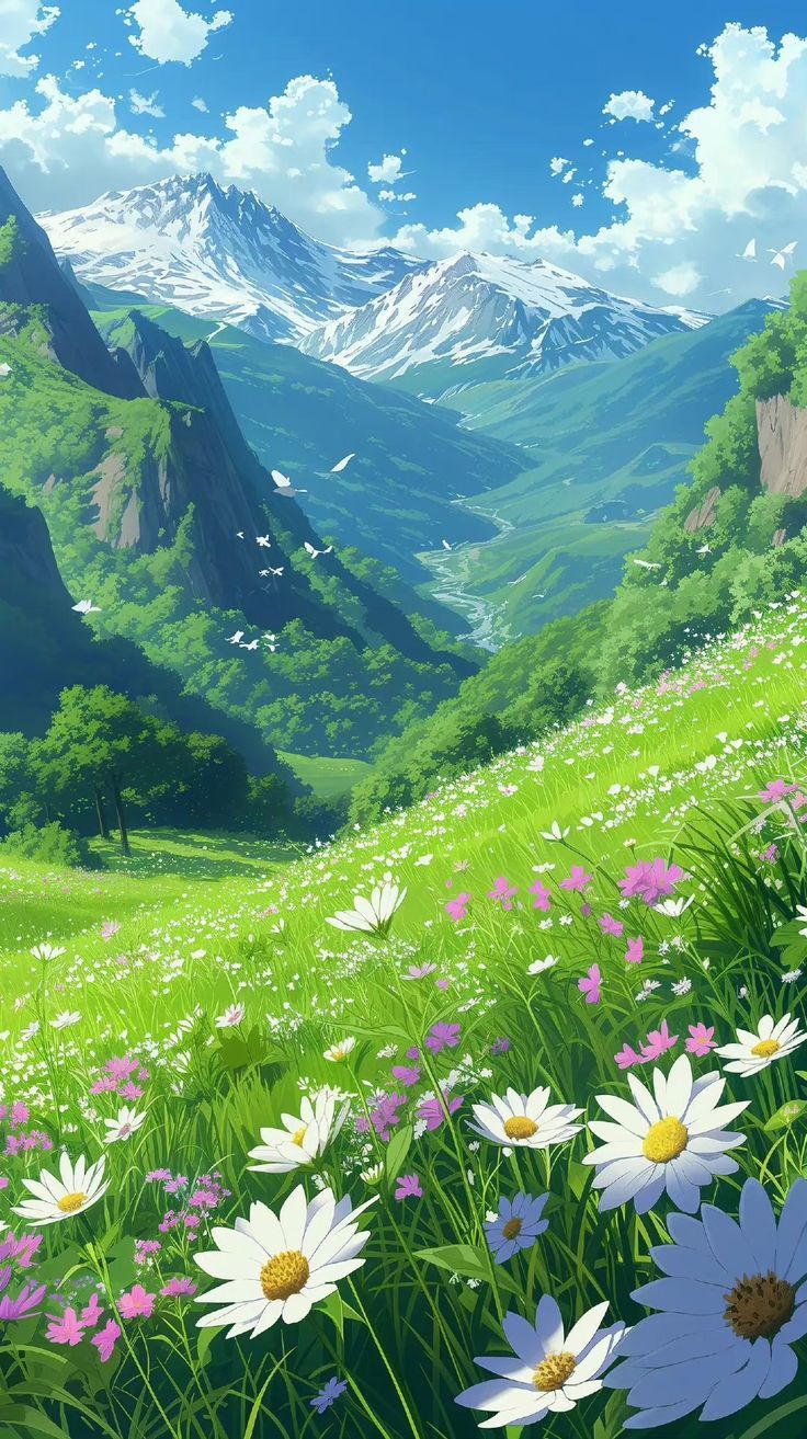 an anime landscape with flowers and mountains in the background