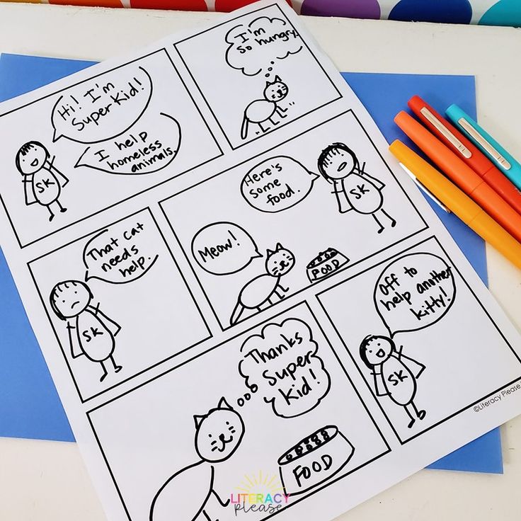 a comic strip with writing on it next to markers and pencils in front of them