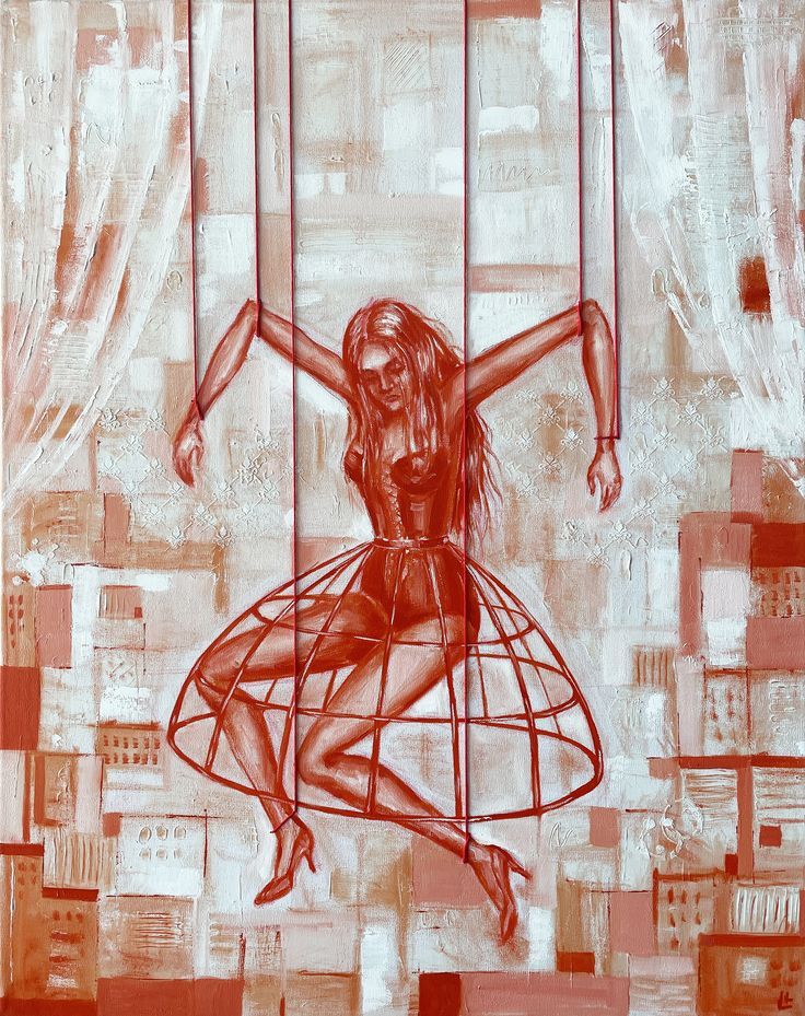 a drawing of a woman sitting on top of a cage