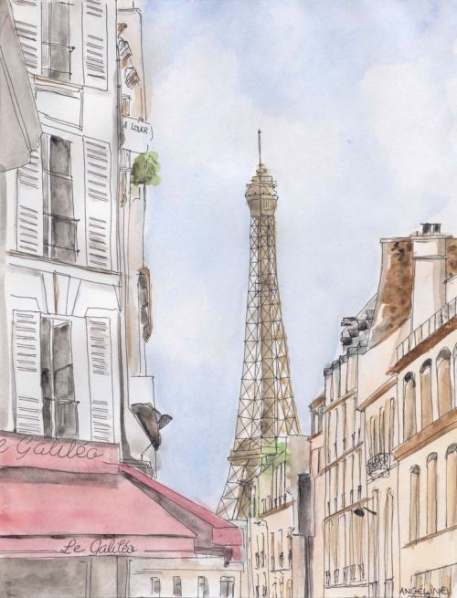 the eiffel tower in paris, france is painted with watercolor and ink