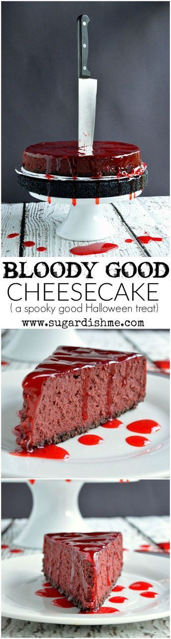 This Bloody Good Cheesecake Recipe is the spookiest Halloween treat that is sure to be the scary centerpiece of your party! Halloween Foods, Horror Desserts, Raspberry Reduction, Pelottava Halloween, Party Food Halloween, Halloween Backen, Dessert Halloween, Spooky Halloween Treats, Food Halloween