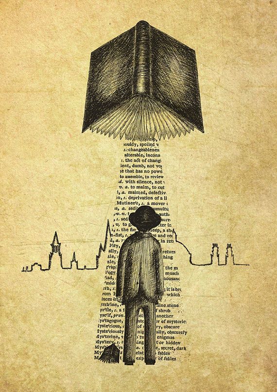 a drawing of a man standing in front of an open book with words coming out of it