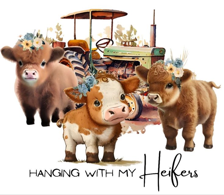 three cows standing next to each other with the words hanging with my heifers