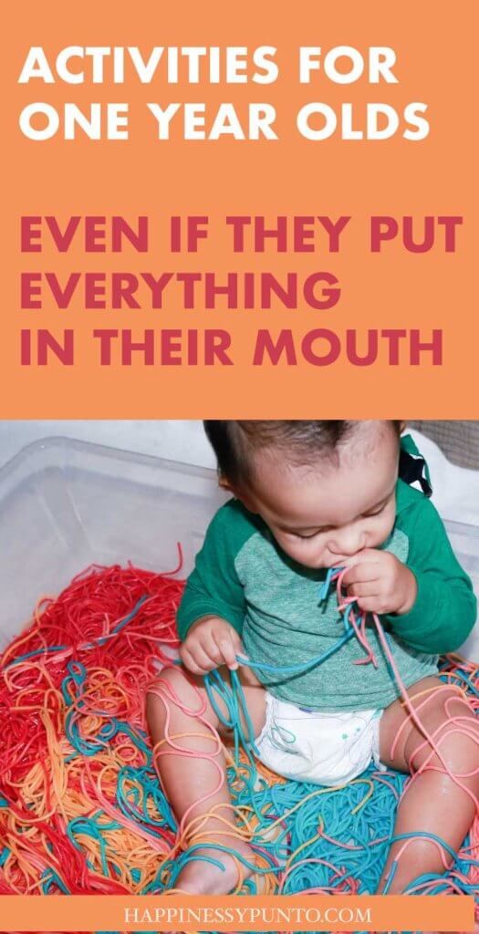 a baby sitting on top of a pile of yarn with the caption saying activities for one year olds even if they put everything in their mouth