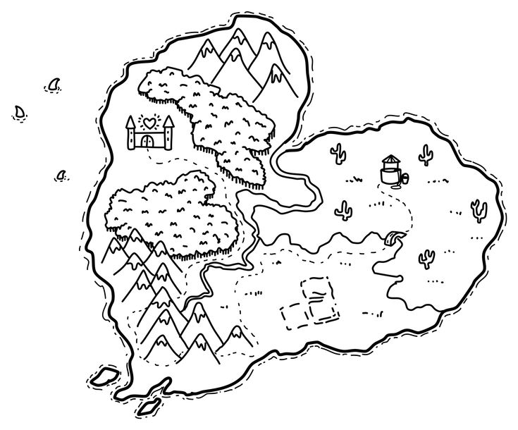 a black and white drawing of a map with mountains in the middle, trees on both sides