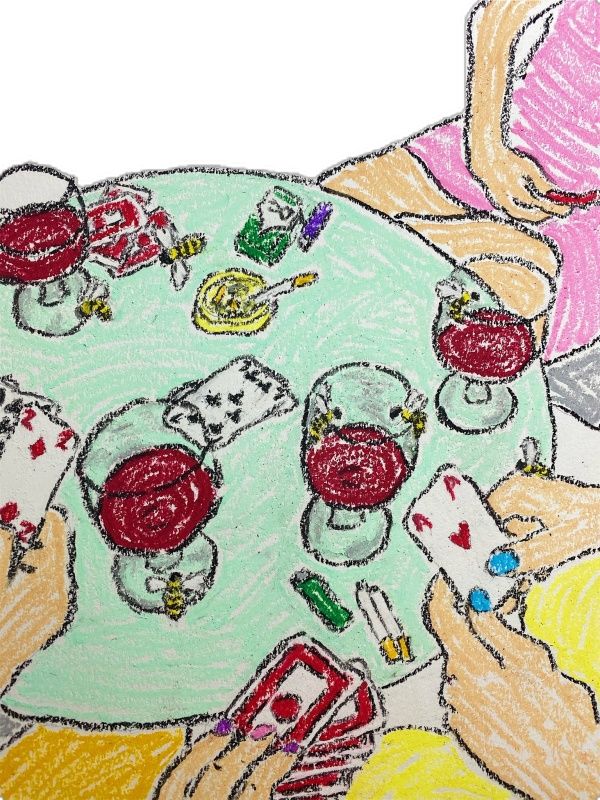 a drawing of people playing cards at a table with wine glasses and other items on it