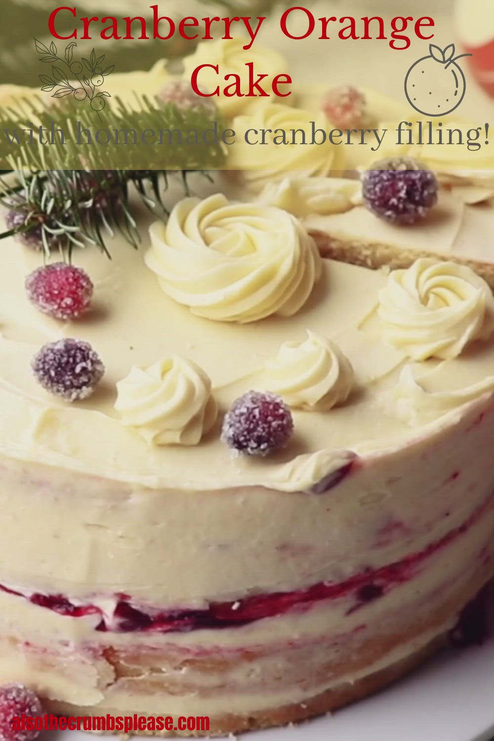 This may contain: a cake with white frosting and cranberry orange icing is on a plate