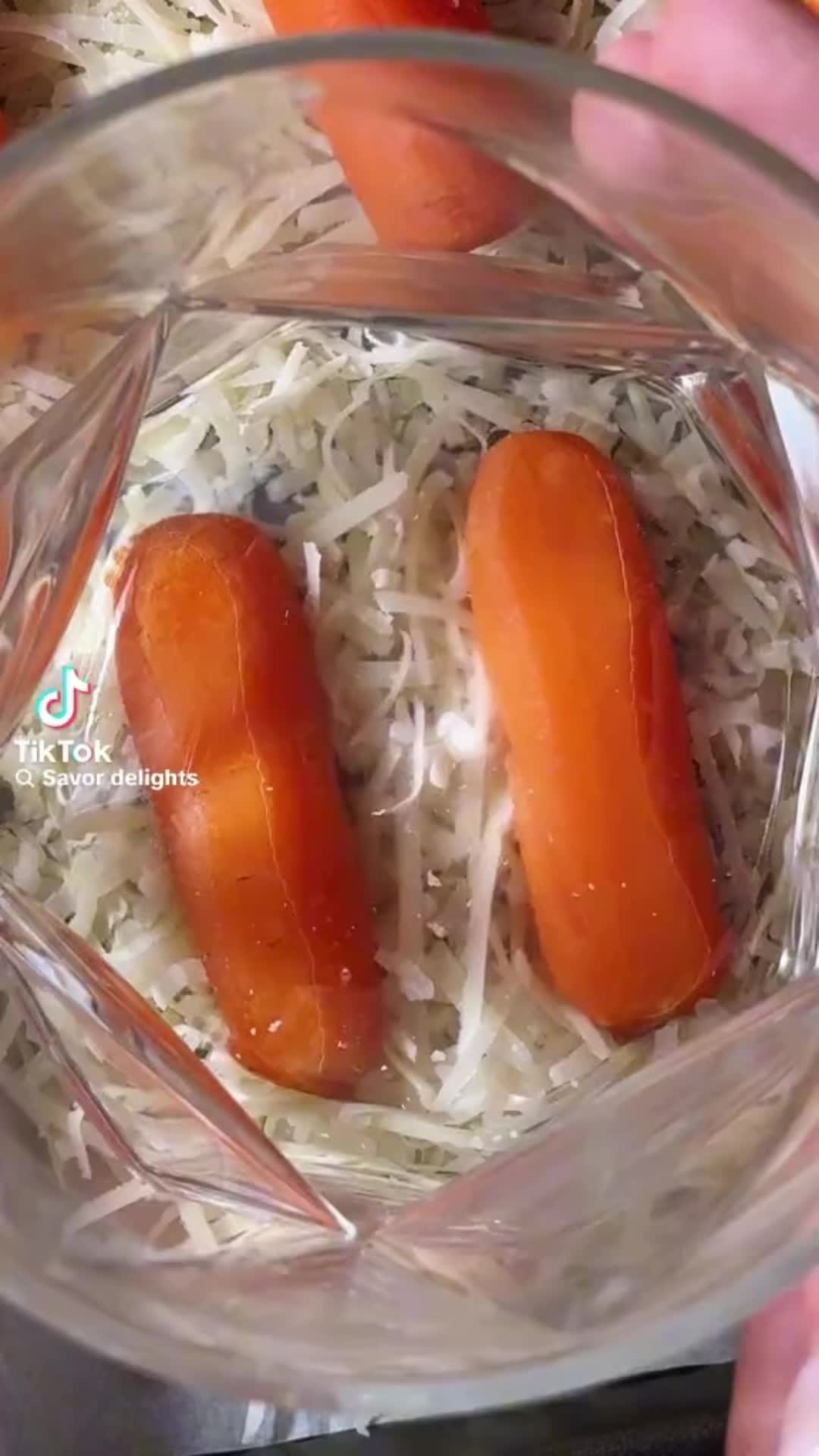 This may contain: two pieces of carrots are in a clear bowl