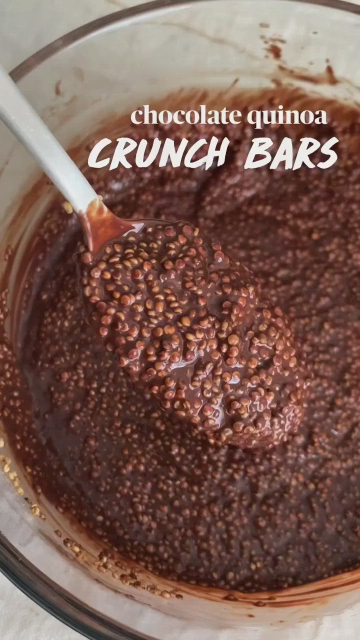 This contains: Chocolate quinoa crunch bars. Shows toasted quinoa mixed with melted chocolate