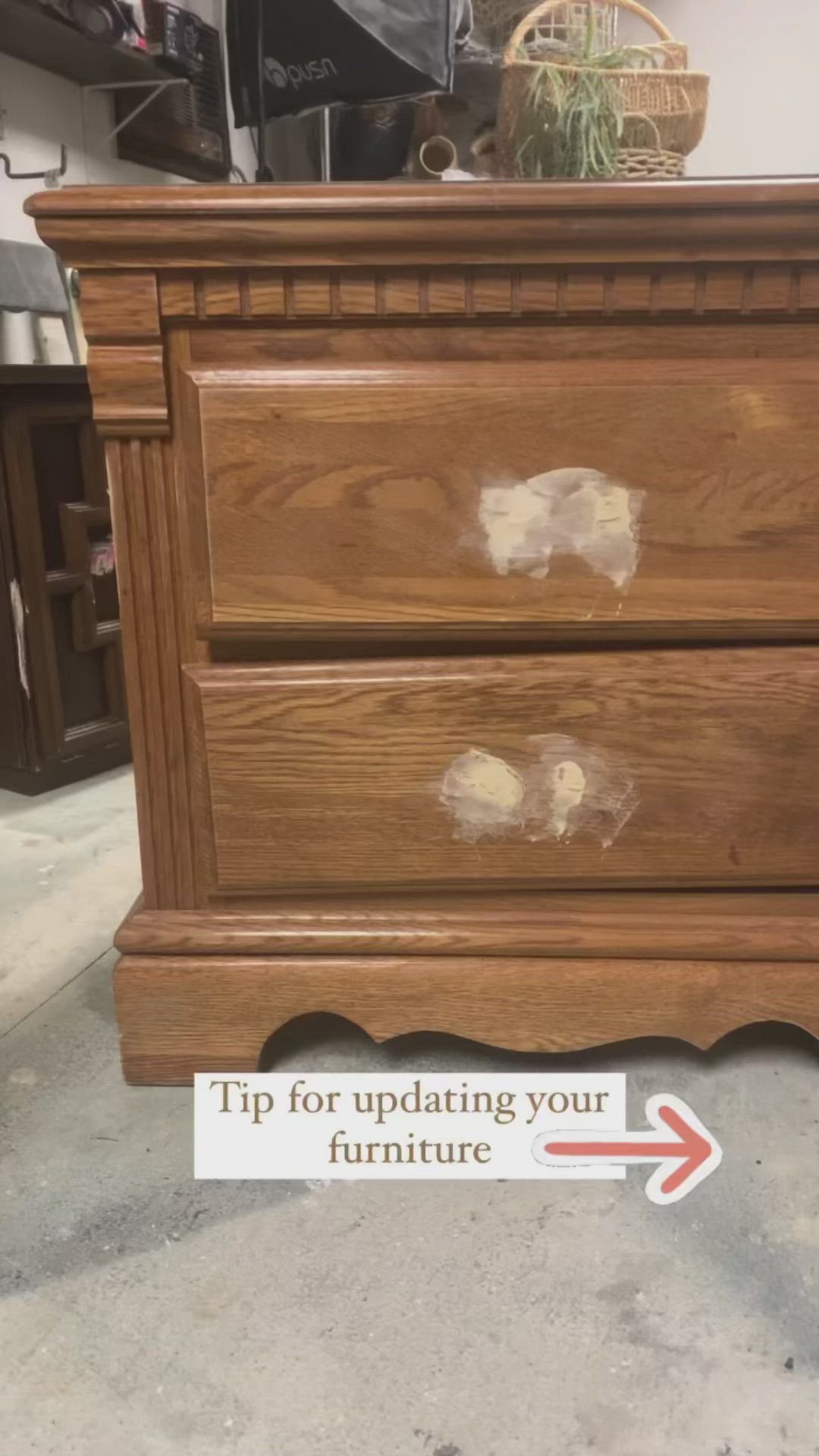 This may contain: a wooden dresser with white paint on it and an arrow pointing to tip for updating your furniture