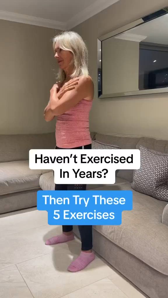 This may contain: a woman standing in front of a couch with her arms crossed and the text haven't exercised in years? then try these 5 exercises