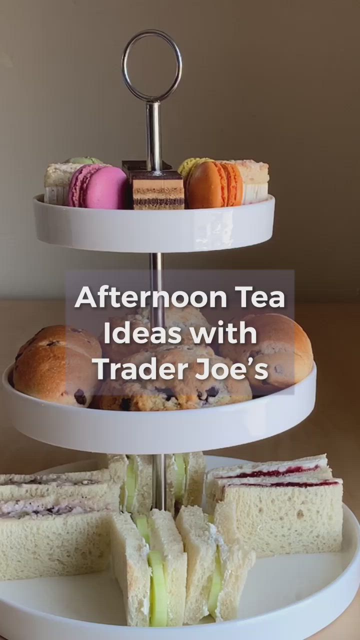 This may contain: three tiered trays with sandwiches and pastries on them that says afternoon tea ideas with trader joe's