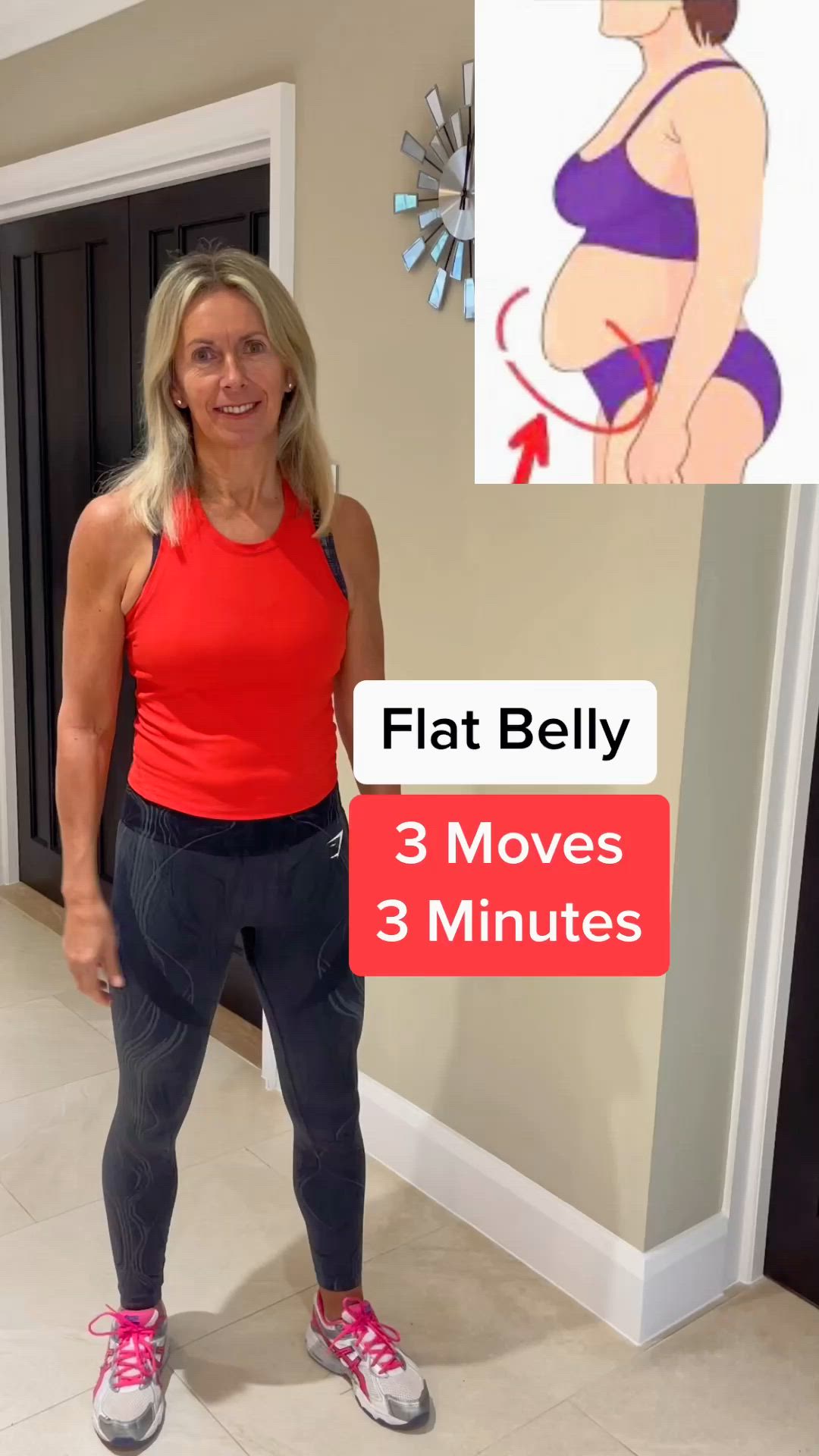 This may contain: a woman standing in front of a mirror with the text flat belly 3 moves 3 minutes