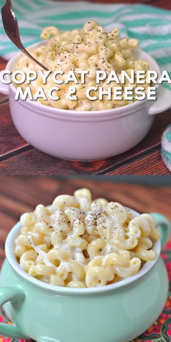 This may contain: macaroni and cheese in a blue bowl