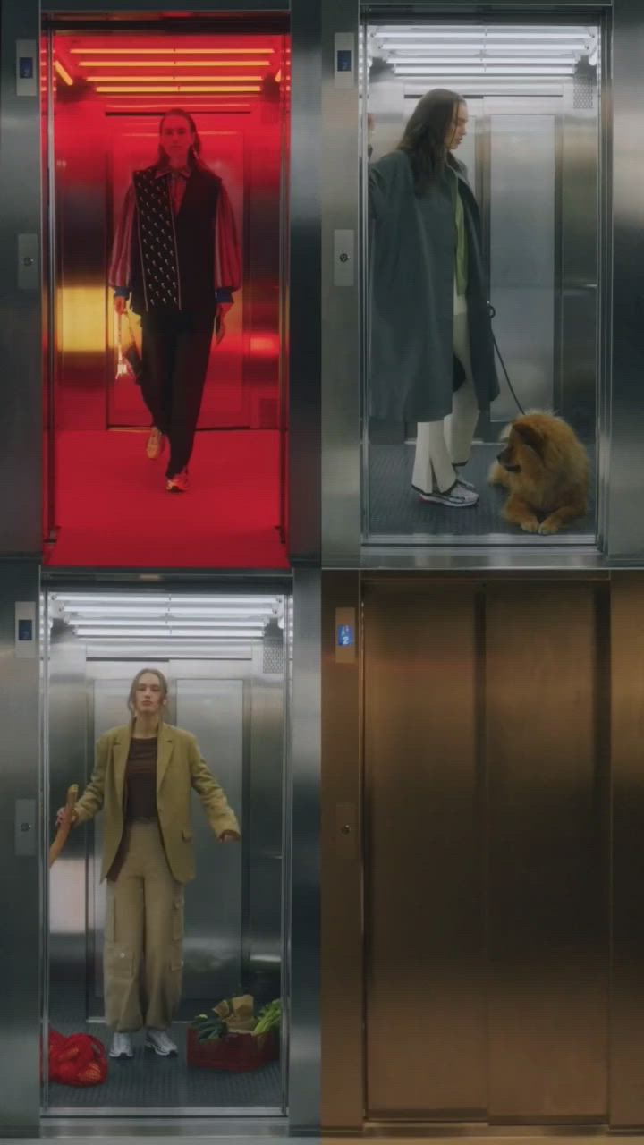 This may contain: the elevator is full of people with their dogs on leashes, and there are pictures of them